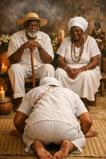 Pai e mãe de santo, vestidos de branco, abençoando um filho de santo prostrado ao chão.
