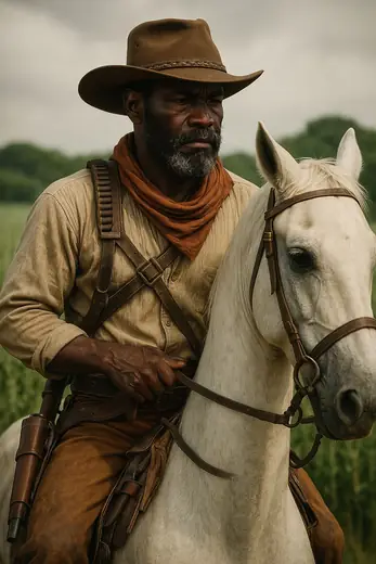 Boiadeiro de chapéu montado em um cavalo branco.