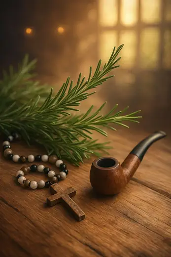 Cachimbo, ramo de alecrim e guia de contas com cruz sobre uma mesa de madeira.