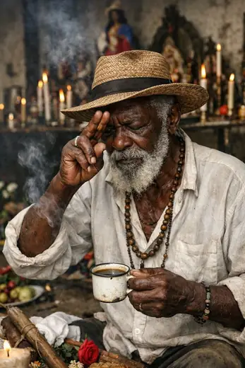 Preto-velho tomando café diante do congá, à luz de velas.