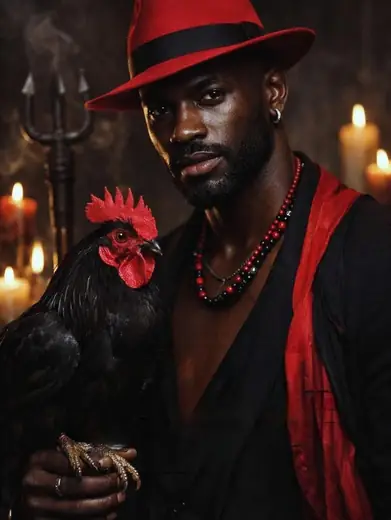 Guardião de chapéu vermelho segurando um galo preto, entre velas.