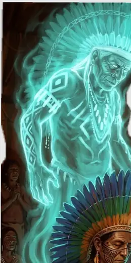 Ilustração de um caboclo com seu espírito guia luminoso ao fundo.