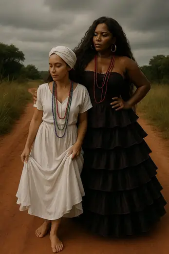 Duas mulheres de guias caminhando por uma estrada de terra.