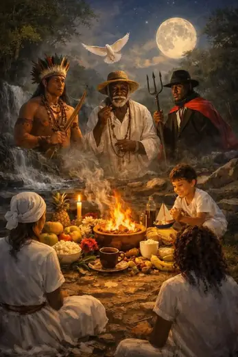 Pintura de uma família reunida em volta da fogueira, com as entidades ao redor.