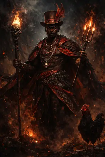 Pintura de um guardião com tridente e cajado, cercado de brasas.