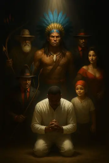 Pintura de um homem em oração cercado pelas entidades das linhas de umbanda.