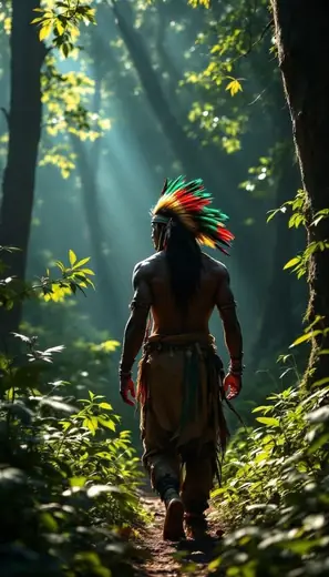 Caboclo caminhando por uma trilha na mata, sob a luz entre as árvores.