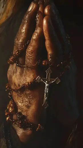 Mãos em oração segurando um terço com crucifixo.