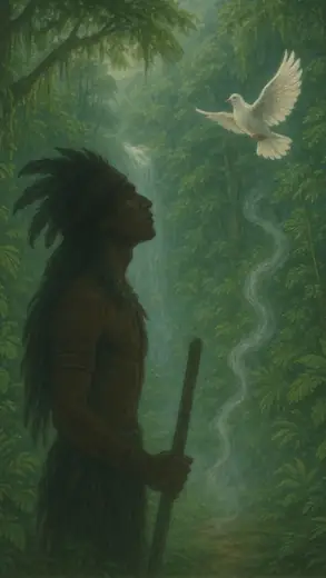 Caboclo na mata, de cocar, observando uma pomba branca em voo.