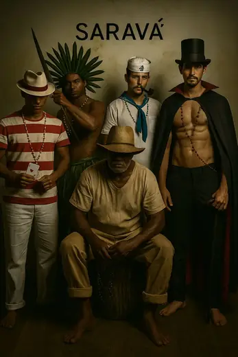 Retrato de grupo das entidades da umbanda, com a palavra Saravá ao fundo.