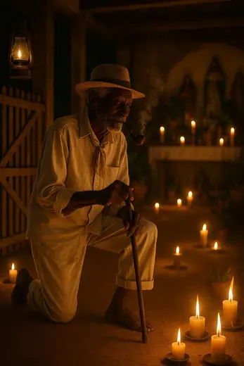 Preto-velho ajoelhado diante do congá, cercado de velas acesas.
