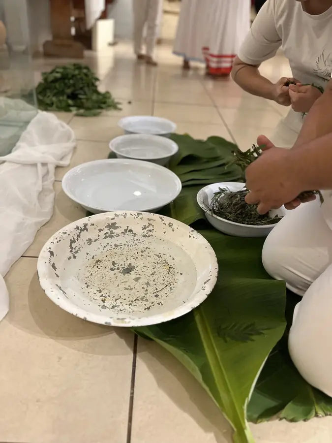 Mãos preparando pratos com ervas sobre folhas de bananeira.
